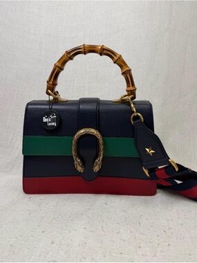 Gucci Navy Color Block Leather Dionysus Bamboo Top Handle Bag
